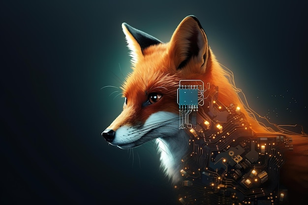 Image of fox with beautiful colors and light with technology concept on a dark background Wildlife Animals Illustration generative AI