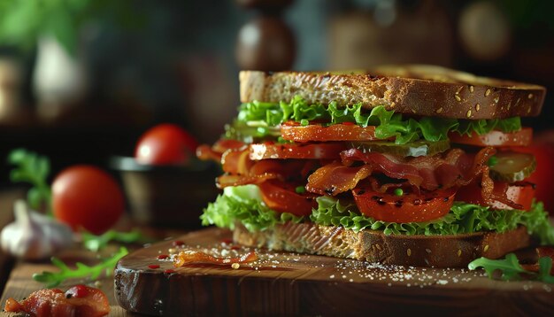 Photo an image of a fresh sandwich with lettuce tomato and bacon can be used for advertising