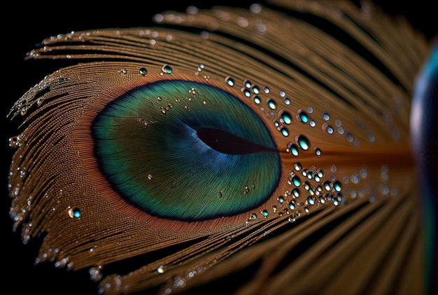 Image of a fresh water drop on a peacock feather in close up