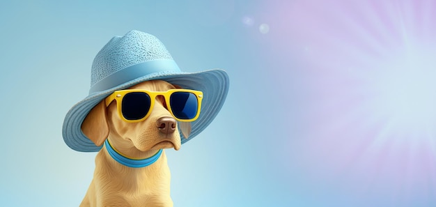 Image of a funny dog wearing sunglasses on blue background Mascot puppy animal concept Generative AI