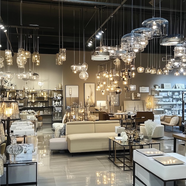 Photo an image of a furniture stores lighting section with a range of chandeliers floor lamps and pend