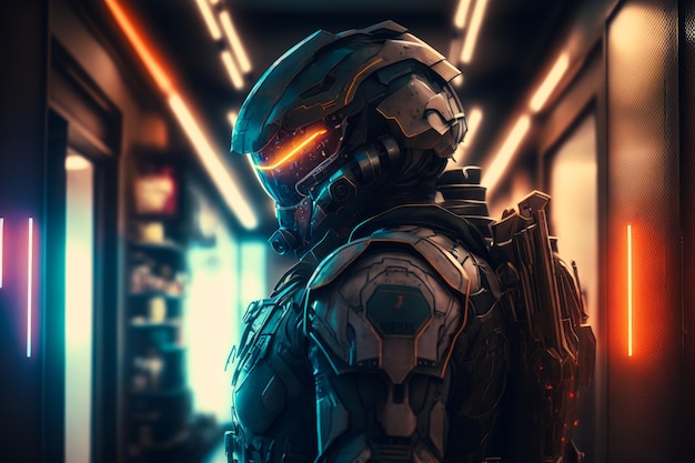 An image of futuristic soldier standing in hallway Generative AI