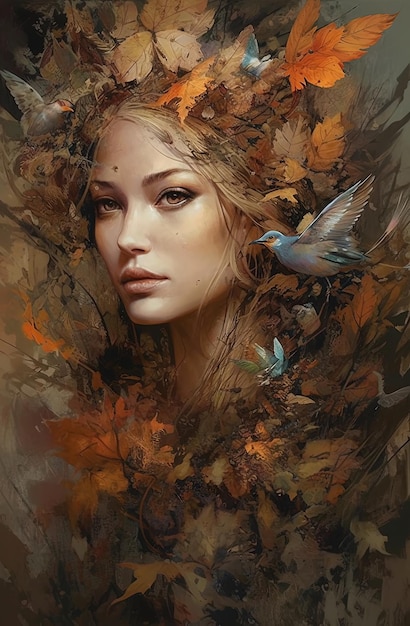 Image generated by AI Drawing of a beautiful unknown woman among autumn leaves and small birds