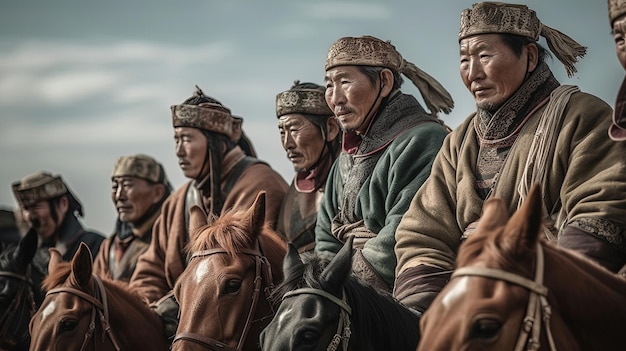 Image generated with AI Group of Mongolian horsemen with their typical clothes