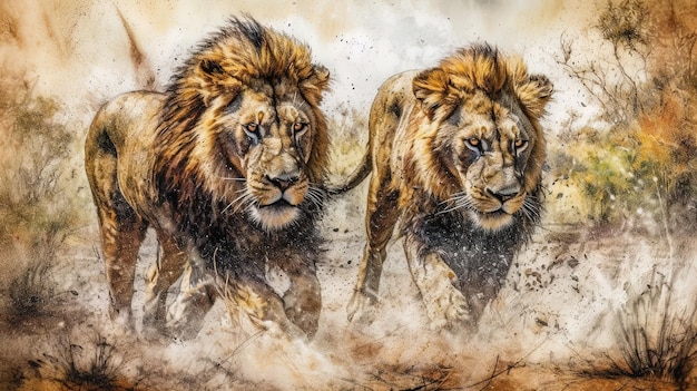 Image generated with AI watercolor painting of two male lions walking through the savannah