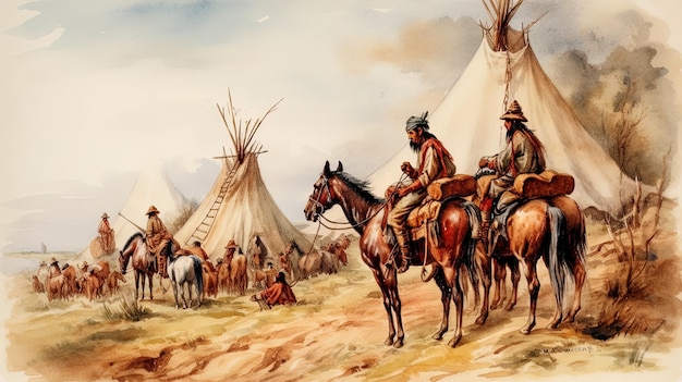 Image generated with AI Watercolor of a typical American Indian camp