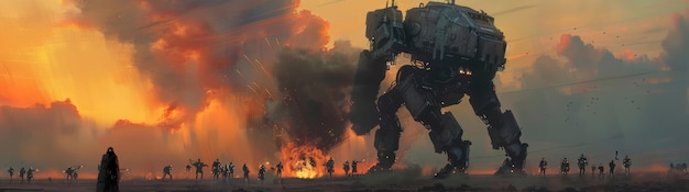 Photo in the image a giant robot stands in a vast desert the robot is made of metal and has a glowing blue eye the skies are cloudy and the ground is sandy