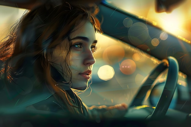 Image of a girl driving a car at sunset