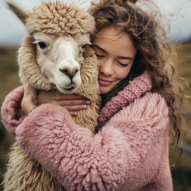 Photo an image of a girl hugging a llama