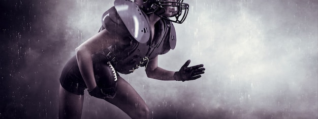 Image of a girl in the uniform of an American football team player. She runs with the ball against the background of light spots. Sports concept. Shoulders pads. Mixed media