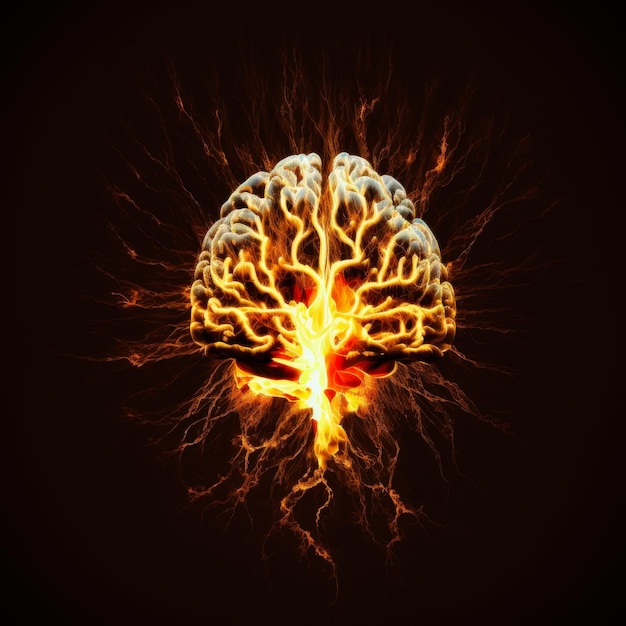 An image of glowing brain on black background Generative AI