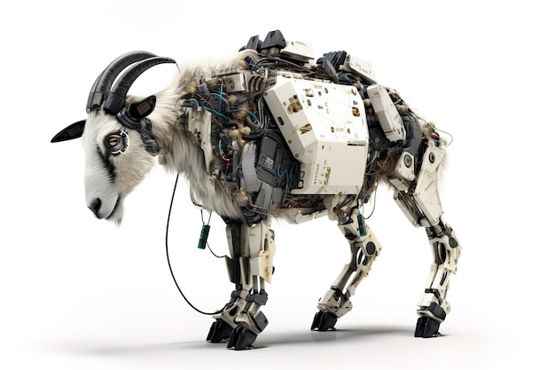 Image of a goat modified into a robot on a white background Wild animal illustration generative AI