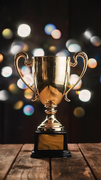 image of gold trophy over wooden table and dark background with abstract shiny lights