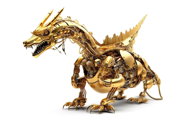 Image of a golden dragon modified into a electronics robot on a white background Reptile Animal illustration generative AI