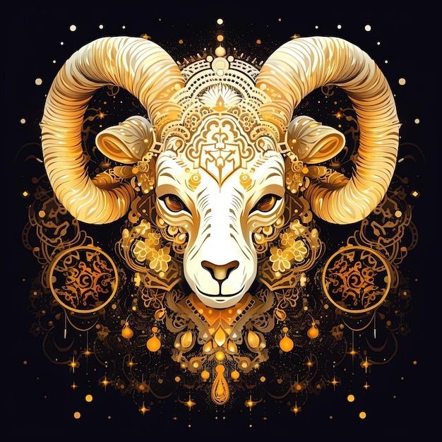 the image of the golden ram has bright yellow lights in the style of arabesque