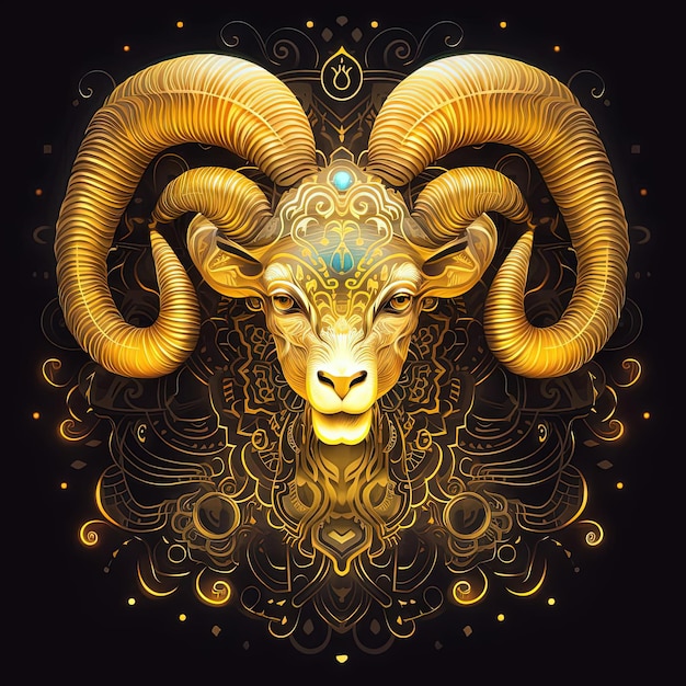 the image of the golden ram has bright yellow lights in the style of arabesque