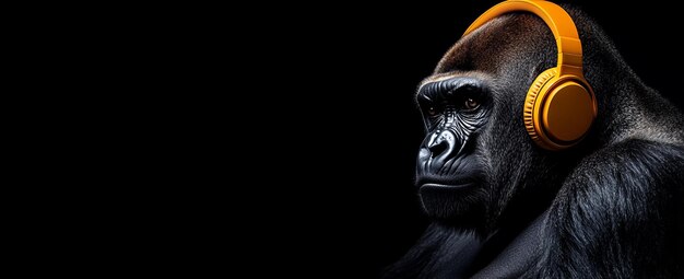 Photo an image of a gorilla wearing yellow headphones against a yellow background