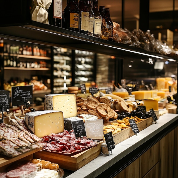 Photo image of a gourmet food store with a selection of artisanal cheeses meats and delicacies