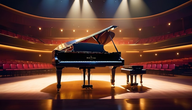 image of a grand piano in a dimly lit concert hall with a spotlight highlighting