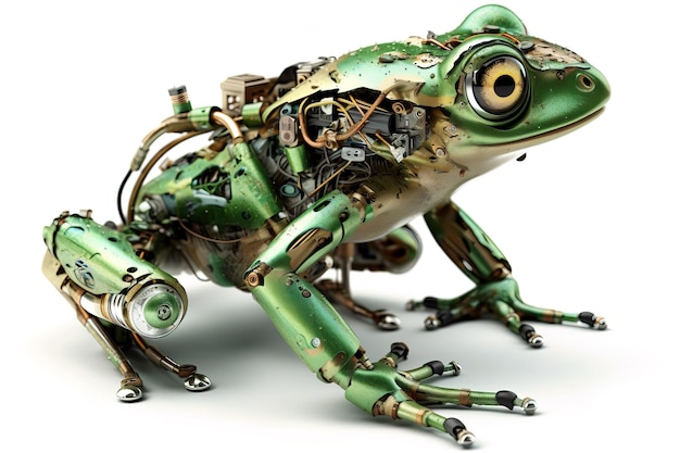 Image of a green frog modified into a robot on a white background Wild animal illustration generative AI