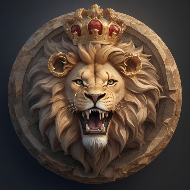 Image of a halfcrown lion's head roaring dimensional facing forward with a circular ring hd 1