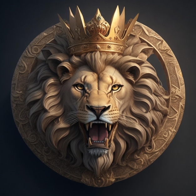 Image of a halfcrown lion's head roaring dimensional facing forward with a circular ring hd 4