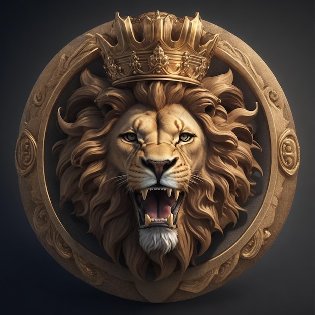 Image of a halfcrown lion's head roaring dimensional facing forward with a circular ring hd 5