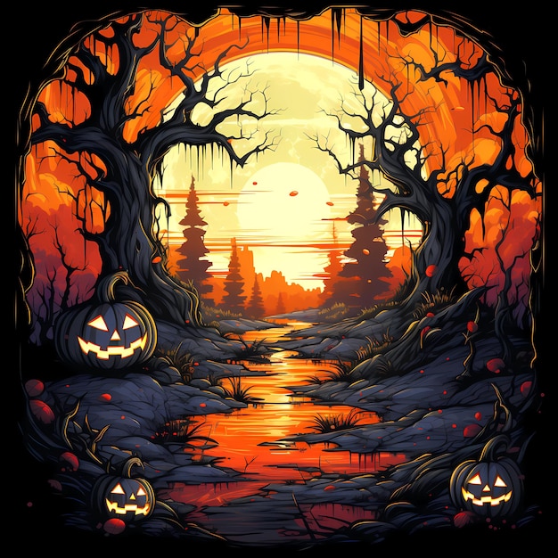 Image of halloween scene with pumpkins and trees Generative AI