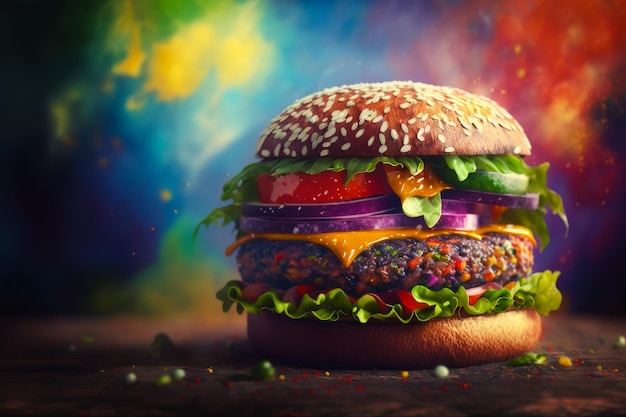 An image of hamburger on colorful background Generative AI