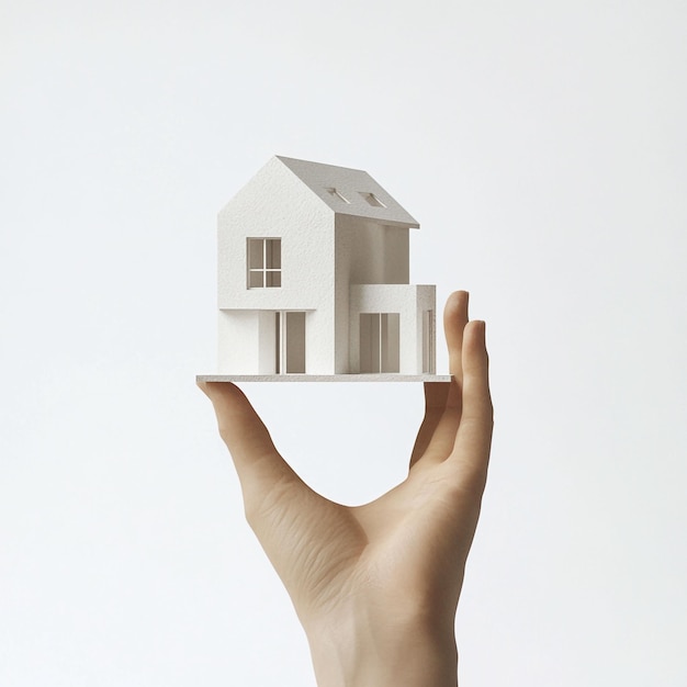 Image of a hand holding a house extremely white background