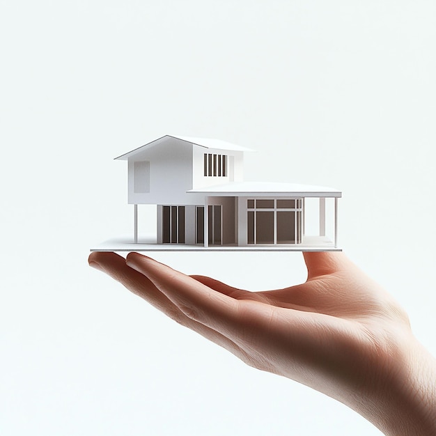 Image of a hand holding a house extremely white background