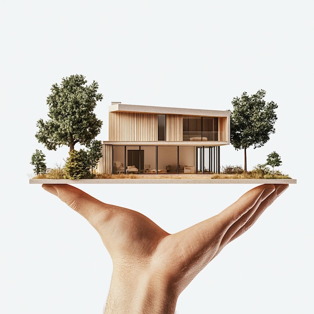 Image of a hand holding a house extremely white background