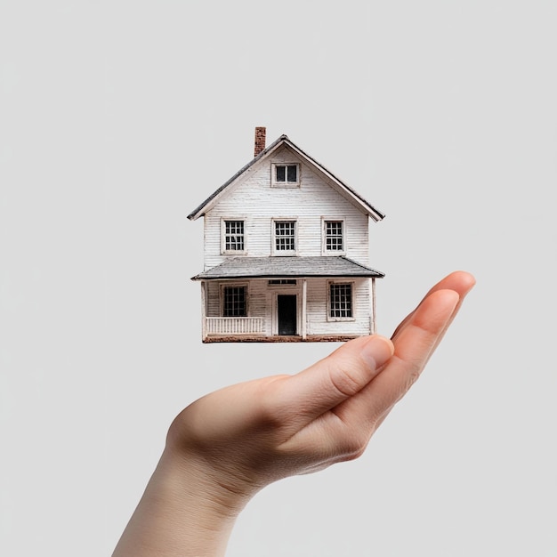 Image of a hand holding a house extremely white background