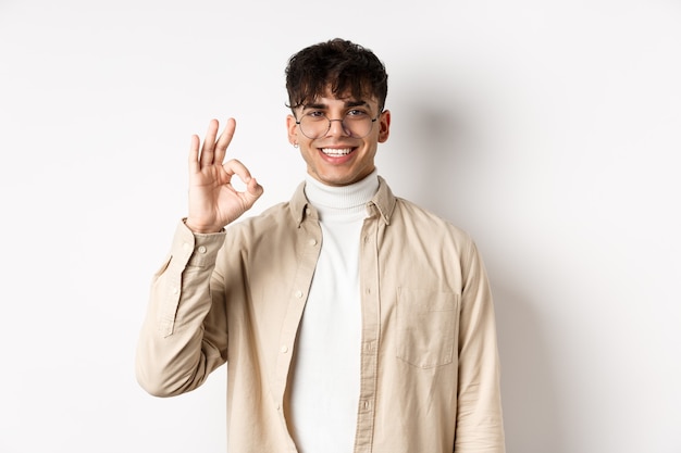 Image of handsome european man in glasses showing okay gesture, smiling satisfied, praise good quality, standing on white background