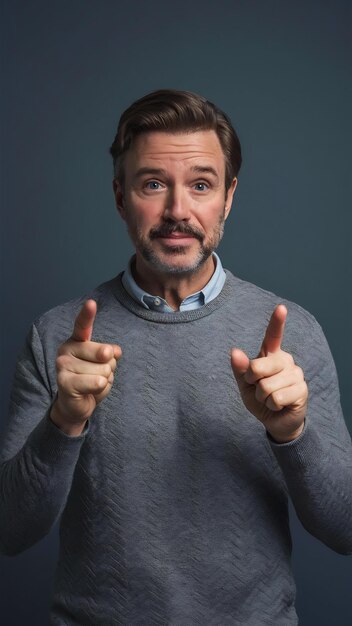 Photo image of handsome middleaged man in grey sweater showing two variants pointing fingers sideways dem