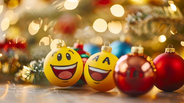 Image of Happy Emojis Drawn on Festive Ornaments