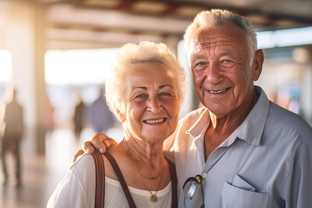 Image of happy old couple at airport terminal