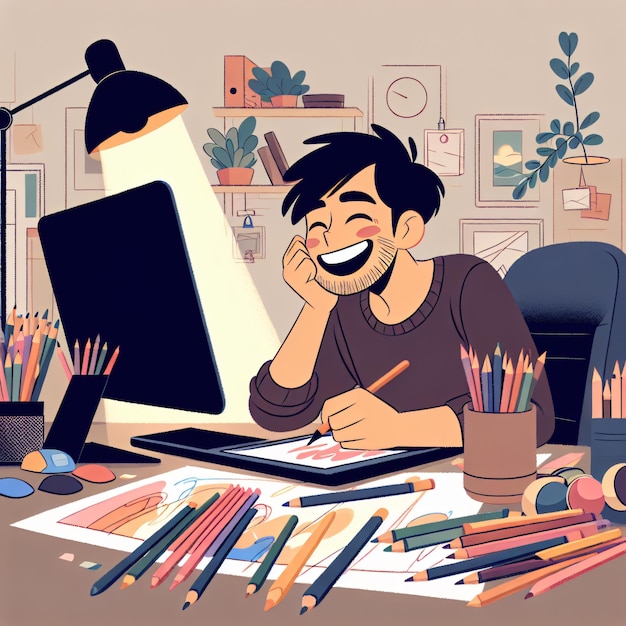 a image of a happy smiling man drawing using colored pencils in front of a computer