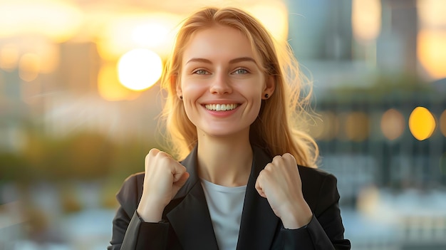 Photo image of happy young business woman posing blur wall background