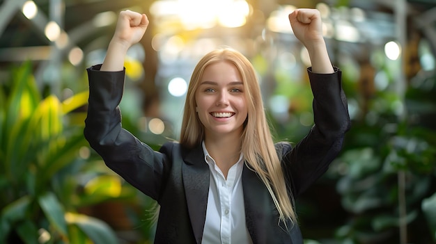 Photo image of happy young business woman posing blur wall background