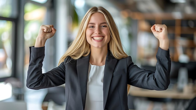 Photo image of happy young business woman posing blur wall background