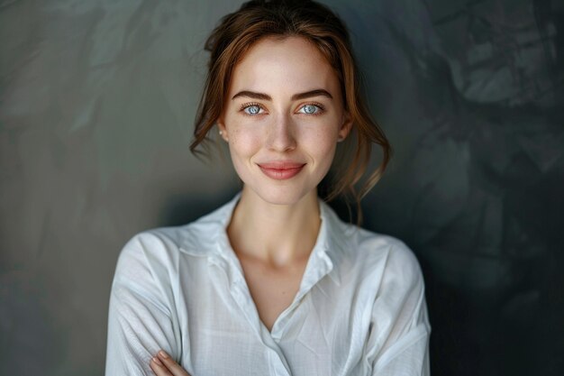 Photo a image of happy young business woman posing isolated over grey wall background