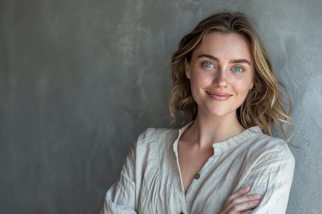 Photo a image of happy young business woman posing isolated over grey wall background