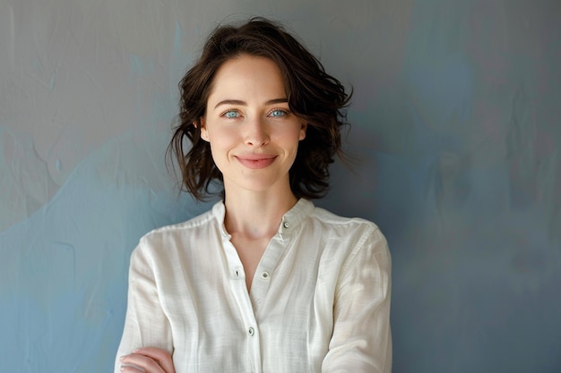 Photo a image of happy young business woman posing isolated over grey wall background