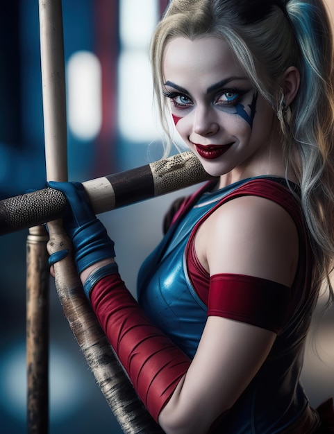 image of harley quinn with blue and red clothes and tied blonde hair