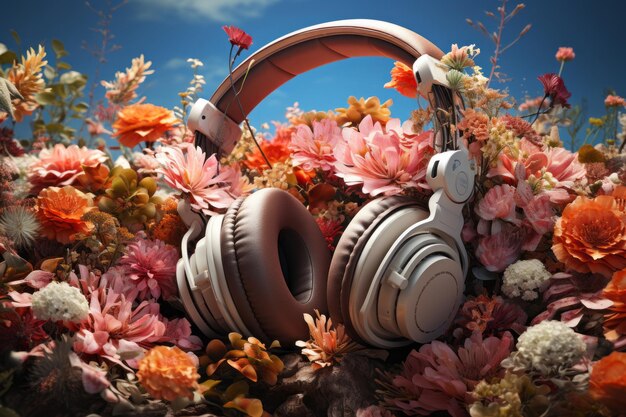 An image of headphones with flowers around them