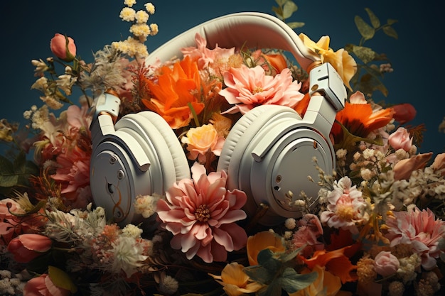 An image of headphones with flowers around them