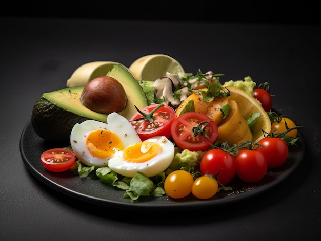 Image of healthy food plate with avocados tomatoes egg image generative AI