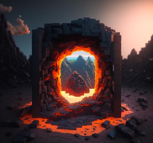 An image of hole in the ground with lava flowing out of it Generative AI