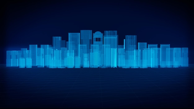 image hologram of city buildings on dark background